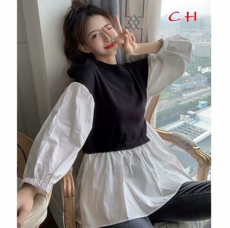 Váy babydoll ngắn nơ eo tay dài phối màu đen trắng chất thô cao cấp cực xinh -