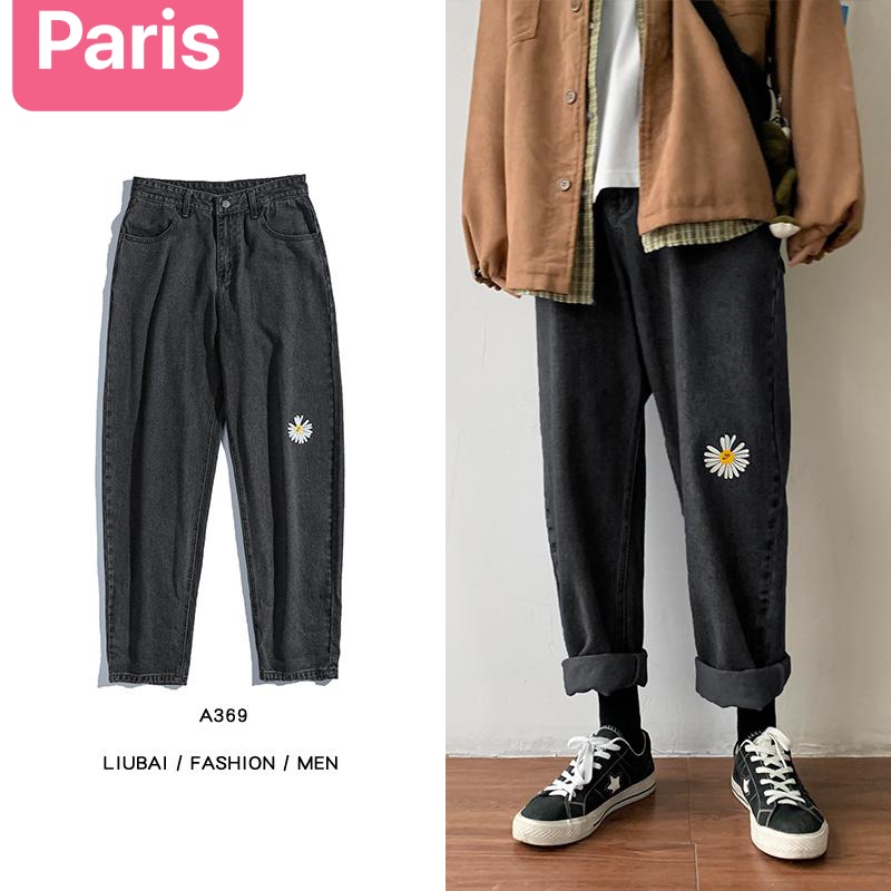 QUẦN BAGGY JEAN NAM CHẤT BÒ ĐEN ỐNG RỘNG THÊU HOA CÚC TREND MỚI HÈ HÀN QUỐC DB-35 - PARIS FASHION