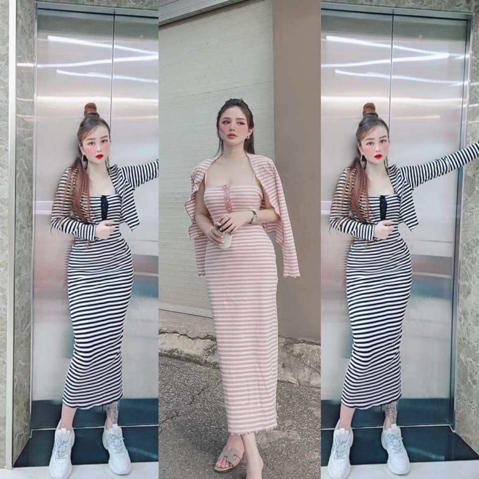 Đầm body hai dây họa tiết kẻ sọc phối nút cài ngực kèm áo khoác tay dài sexy quyến rũ, set đầm thun gân kẻ sọc ngang mặc đi chơi dáng suông dài ôm, đầm ôm body hai dây kẻ sọc kèm khoác