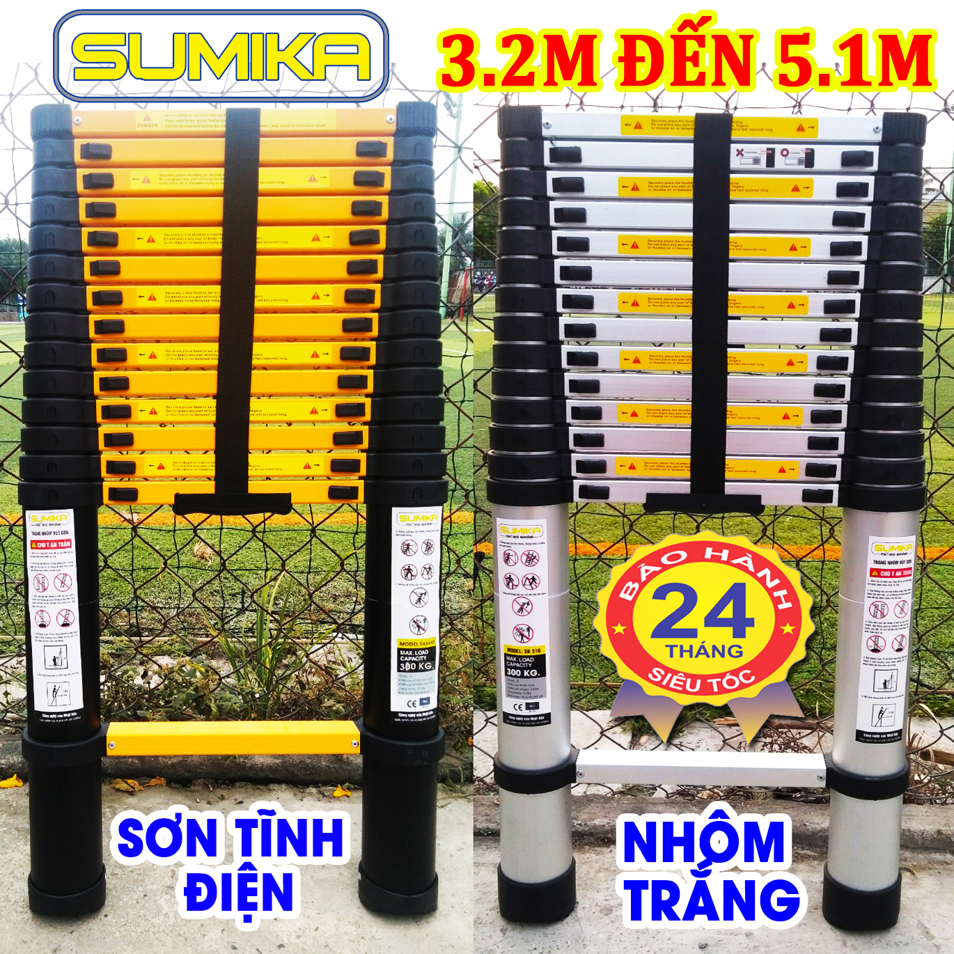 Thang nhôm rút đơn xếp gọn 5m1 SUMIKA SK 510 New ( màu bạc ). An toàn – Tiện lợi – Tiết kiệm ,15 bậc, tải trọng 300kg, bảo hành 2 năm.