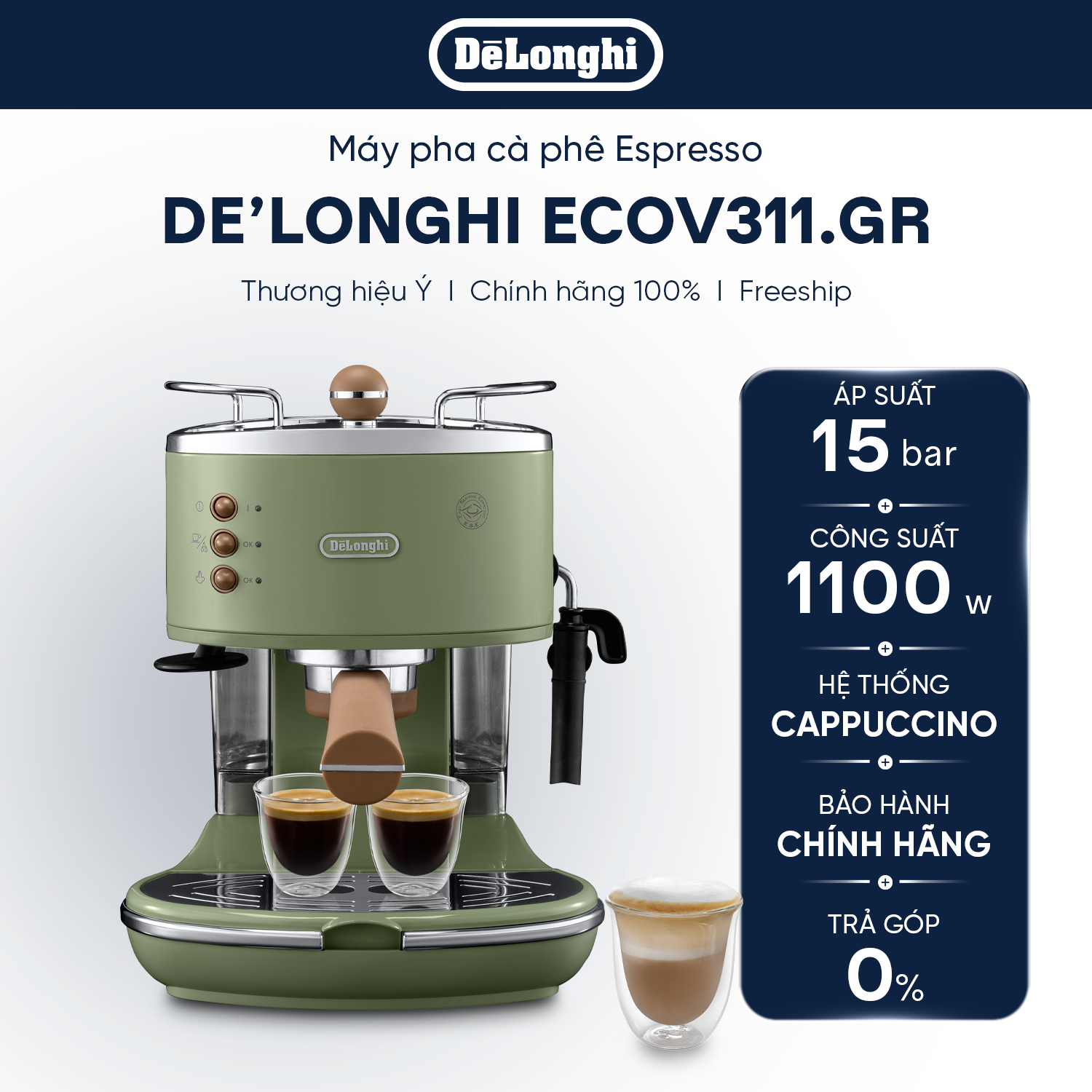 Máy Pha Cà Phê Espresso DeLonghi ECOV311 – 15 bar áp suất cao, bọt sữa béo mịn – Phong cách Retro Ý
