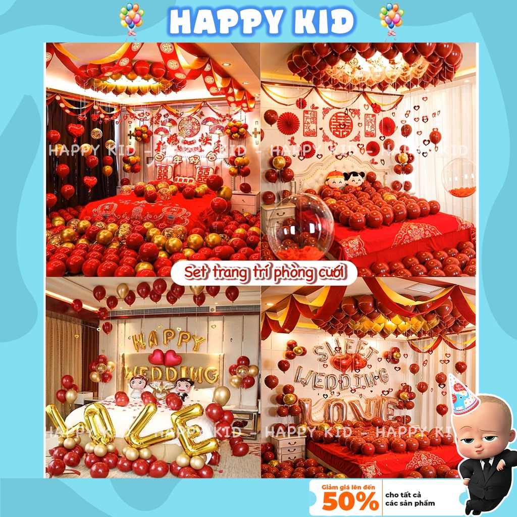 Set bóng trang trí phòng cưới tân hôn Happy Wedding đẹp đơn giản HAPPYKID SBTTWD