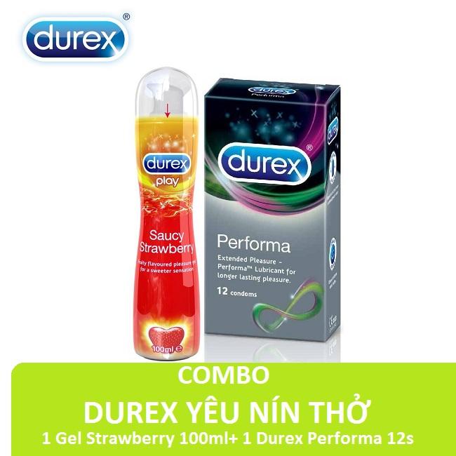 [HCM]Bộ sản phẩm Durex YÊU NÍN THỞ ( Gel bôi trơn Durex Play Strawberry 100ml + 1 Bao cao su  Durex Performa 12s ) - Hãng phân phối chính thức