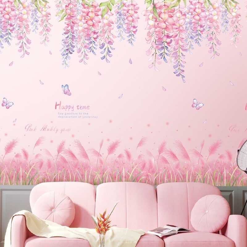 Decal dán tường tán hoa và chân cỏ lau hồng( tranh ghép)