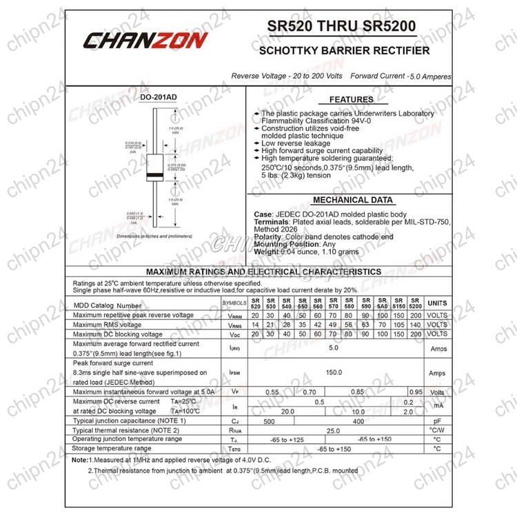 [5 con] (K472) Diode SR5100 DIP DO-27 5A 100V (SR 5100) [Diode Schottky] - HH004395