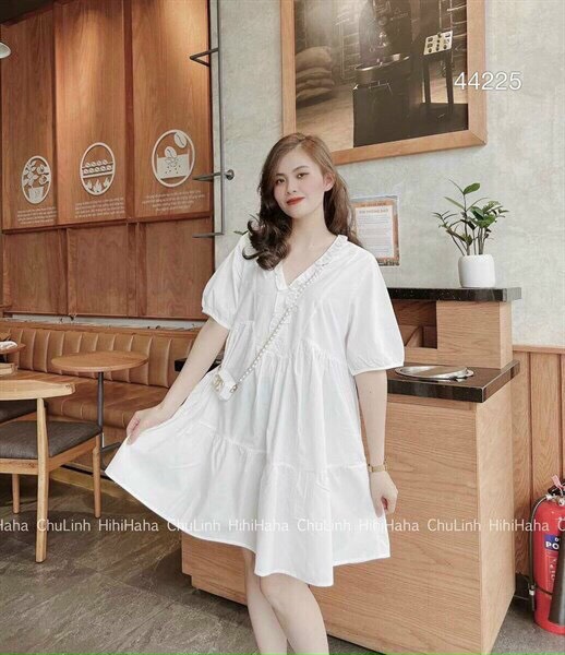Váy thô cổ viền bèo dáng suông tiêu thư bánh bèo, ĐầmBabydoll kate tay ngắn phồng cổ V lụa trơn bacis nhẹ nhàng dễ thương cho các nàng dạo phố mtb