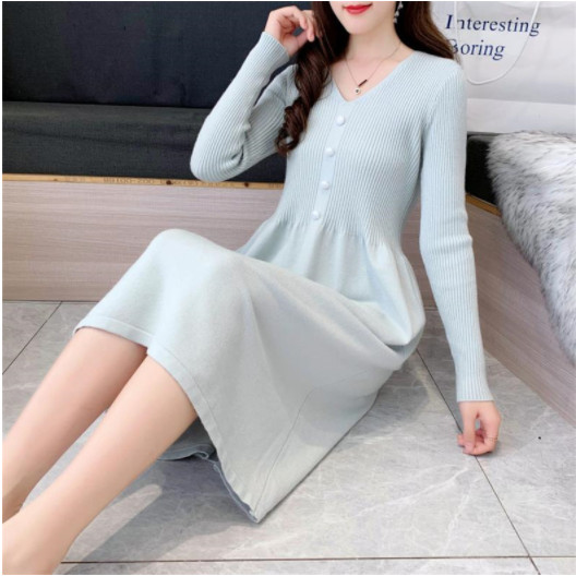 VÁY LEN QUẢNG CHÂU DÁNG DÀI cổ V DÀI TAY (FREESIZE 45kg-58kg)
