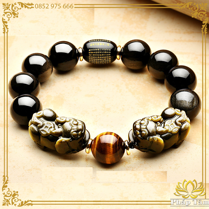 Vòng Tay Song Tỳ Hưu Mix Chú Đại Bi Đá Núi Lửa Obsidian Vàng Đen - Pháp Tâm