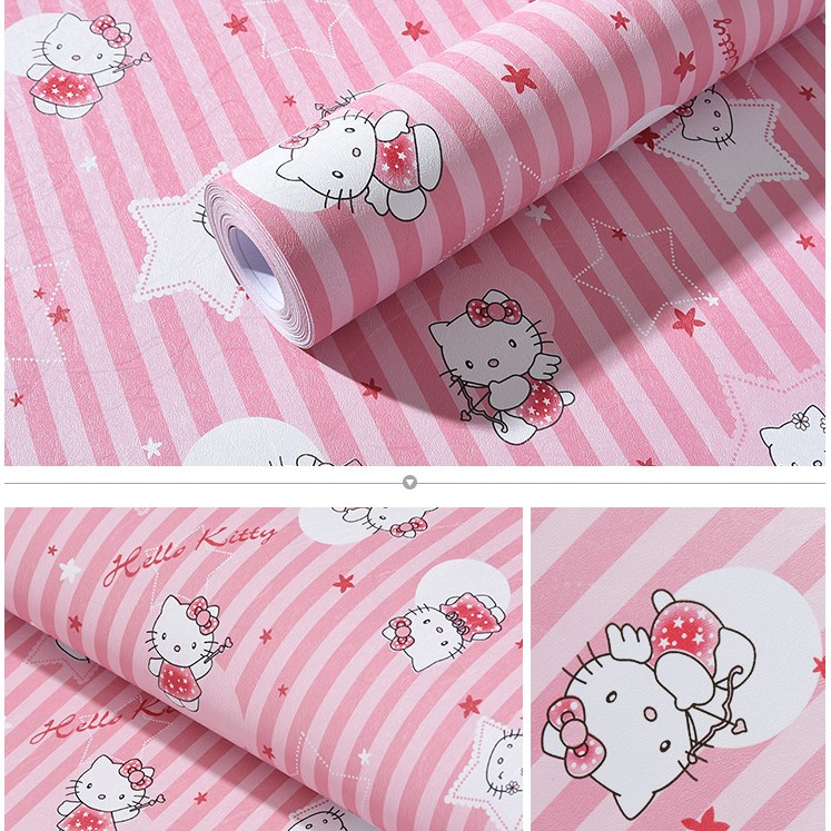 Decal giấy dán tường kitty sọc hồng (khổ rộng 45cm)