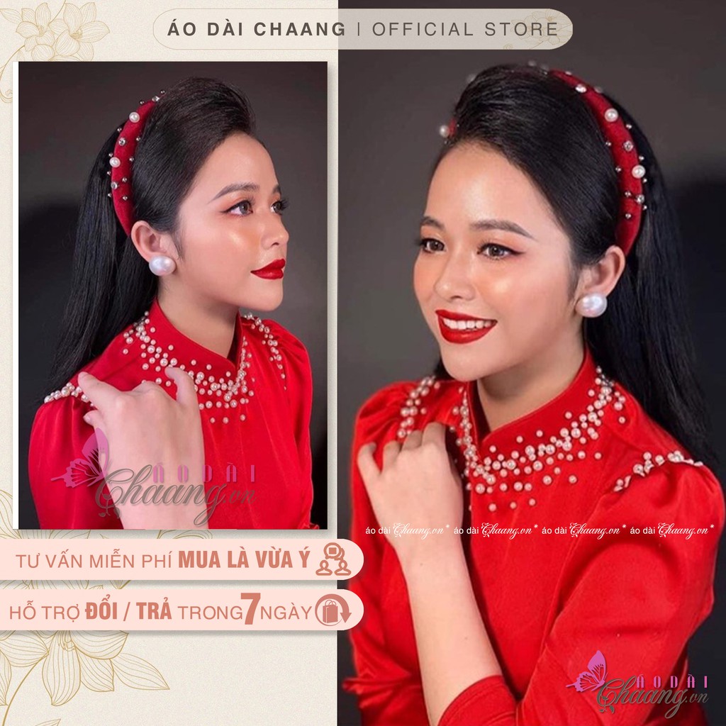 Áo dài đẹp tay phồng_Chaang_May sẵn áo dài đỏ tay bồng, vải lụa đính đá ngọc cao cấp