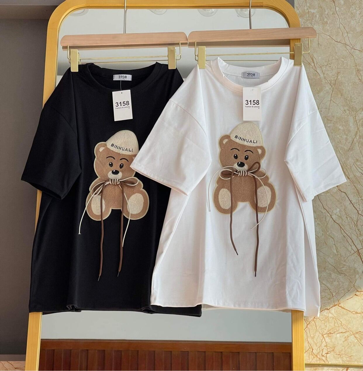 Áo Thun 3158 Thêu Gấu Dây - Chất Cotton 4 Chiều