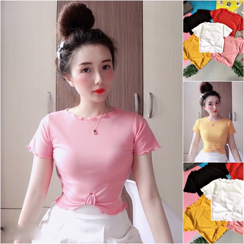 Áo thun tay ngắn cổ tròn nơ eo trước bụng 40k