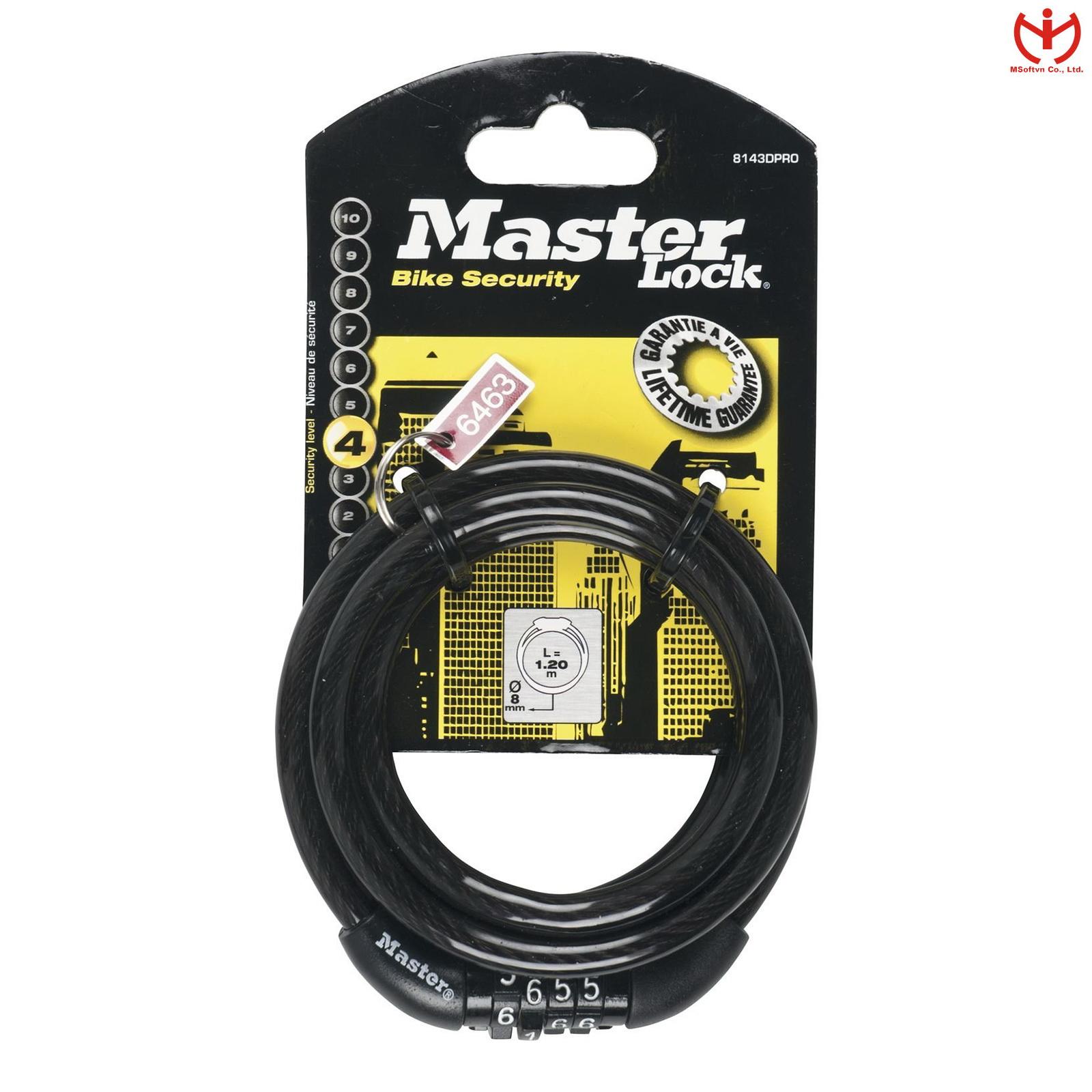 Khóa xe đạp 4 số cố định Master Lock 8143 EURD PRO dây cáp dài 1.2m x 8mm - MSOFT
