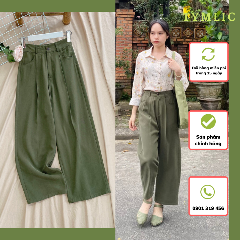Quần cullotes tencel 1/2 cạp chun màu rêu tymlic