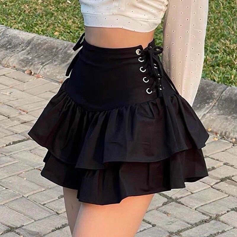 Chân váy 2 tầng đan dây bên hông chất vải boly dày dặn, 3 size S M L