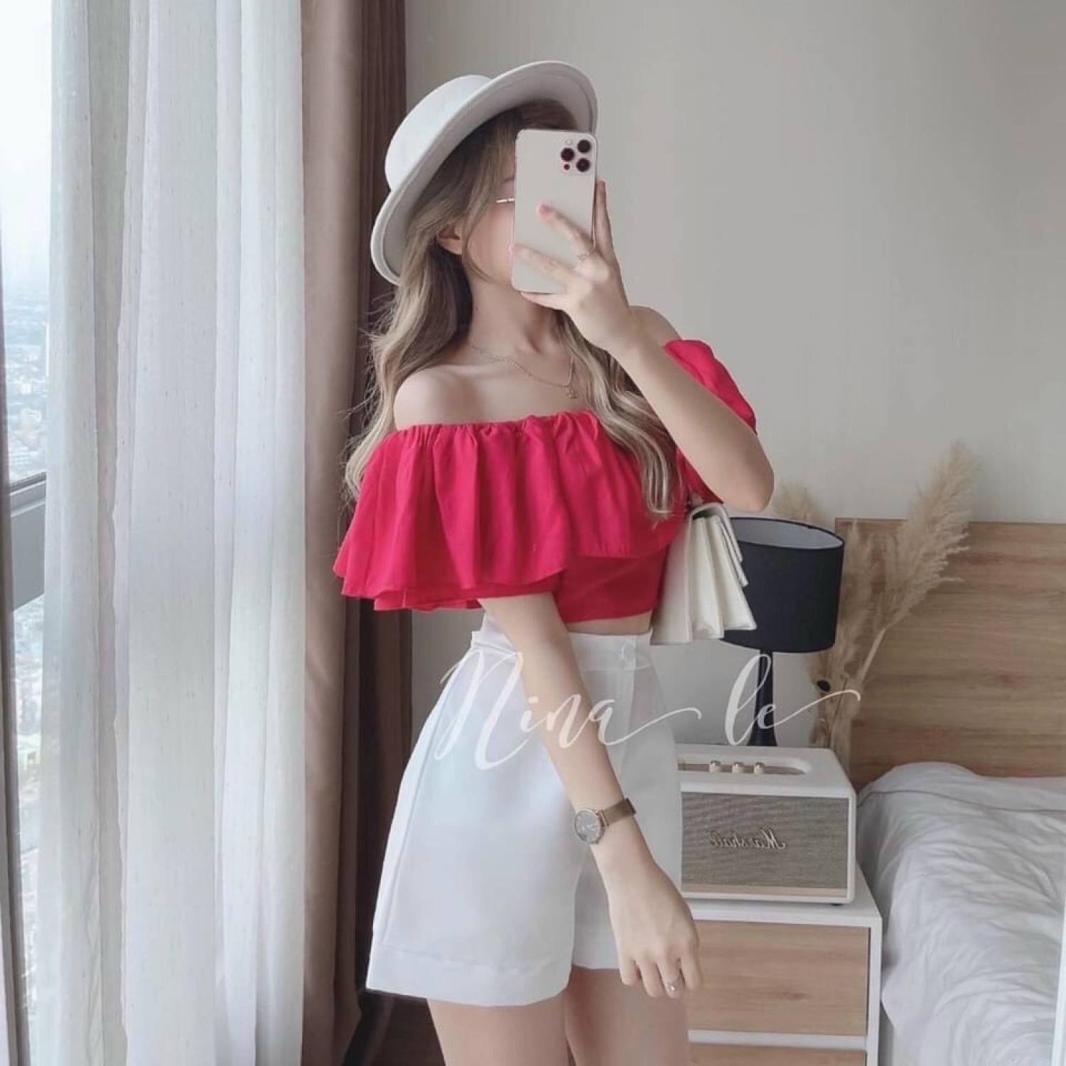 Set bộ tiểu thư nữ mặc đi biển, đi chơi, set bộ quần đùi, set bộ áo trễ vai, quần short nữ, quần ngắn nữ, áo croptop màu hồng hottrend