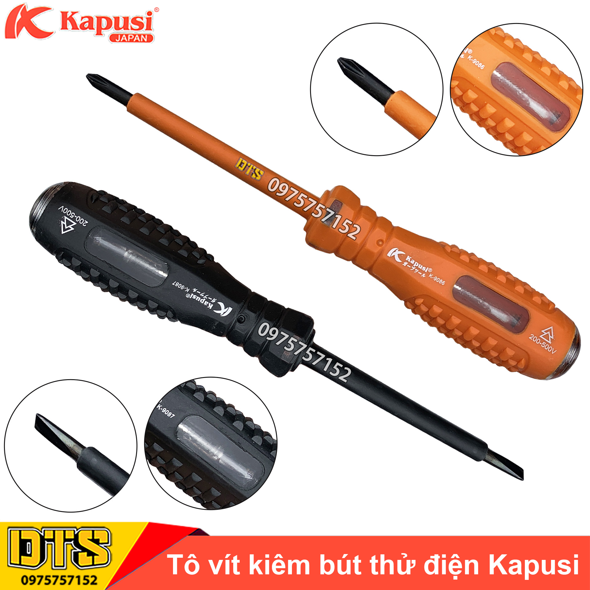 Tua vít cách điện kiêm bút thử điện chống va đập Kapusi Japan 200-500V 4x160mm, tô vít kiểm tra dòng điện, tuốc nơ vít đa năng 2 trong 1 vặn vít và thử điện