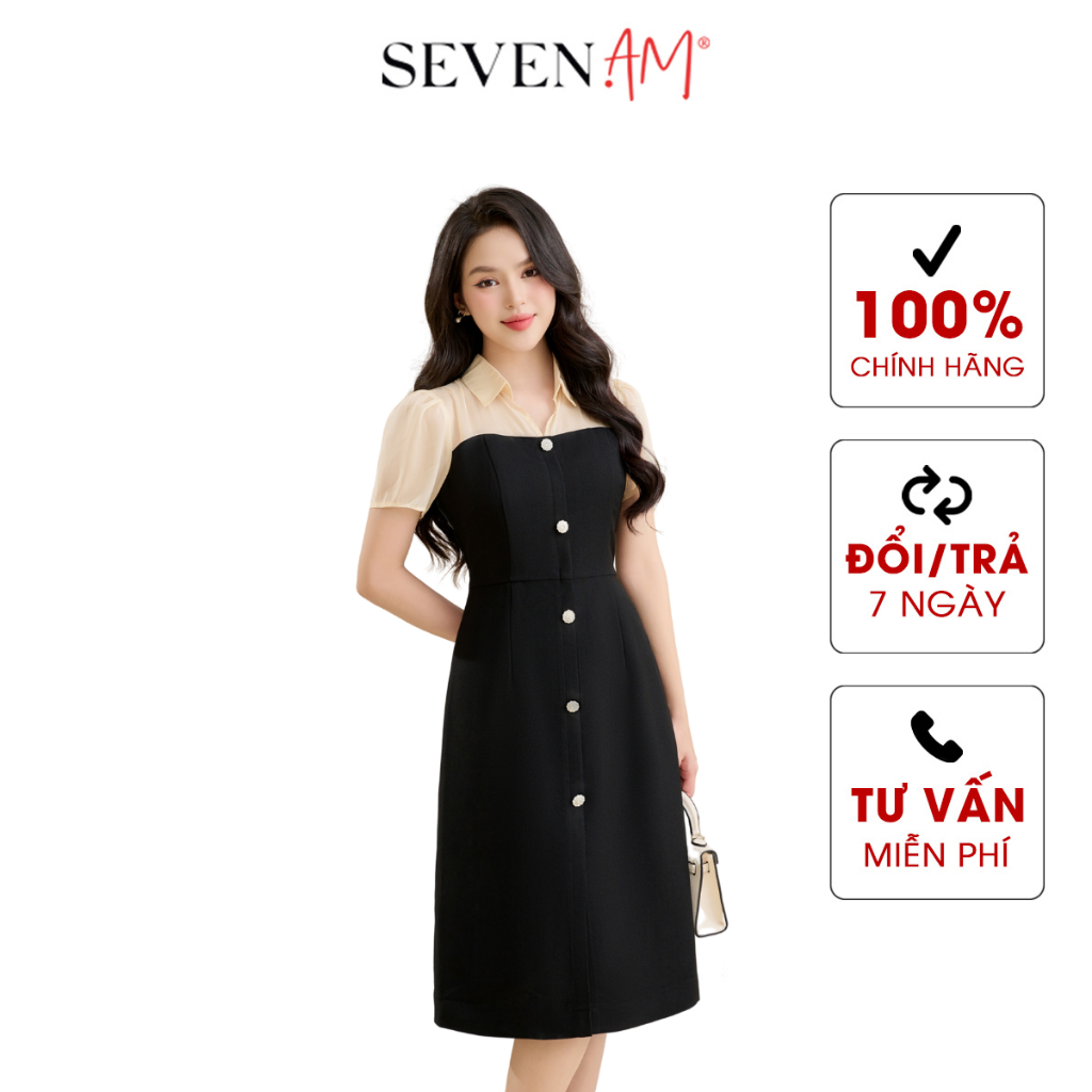 Đầm xòe tay lỡ gấm cam họa tiết phối chân váy dập ly đen Seven.AM H631