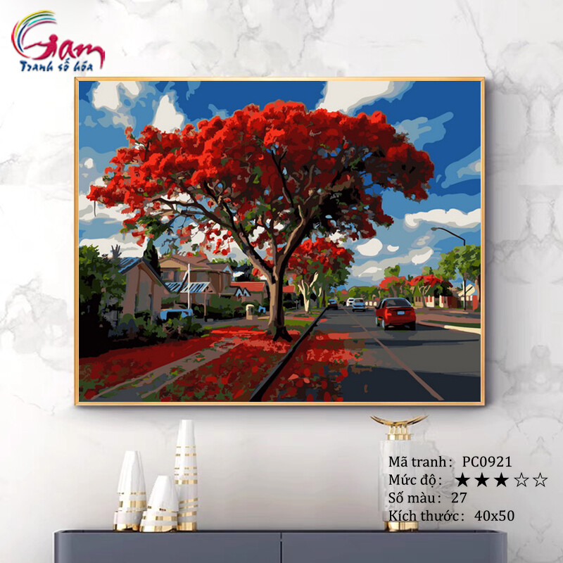 Tranh tự tô màu theo số sơn dầu số hóa Gam Tranh phong cảnh hoa phượng đỏ mùa  hè PC0921 