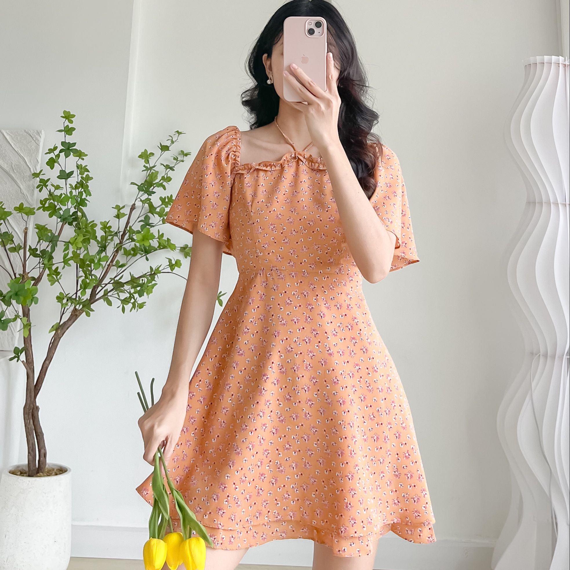 Đầm JOSE - Đầm hoa cổ vuông dây yếm