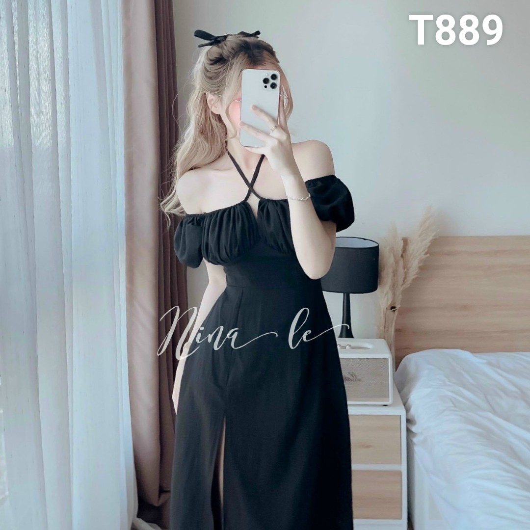 Đầm cổ yếm tay cột nơ có mút lụa nhung T889