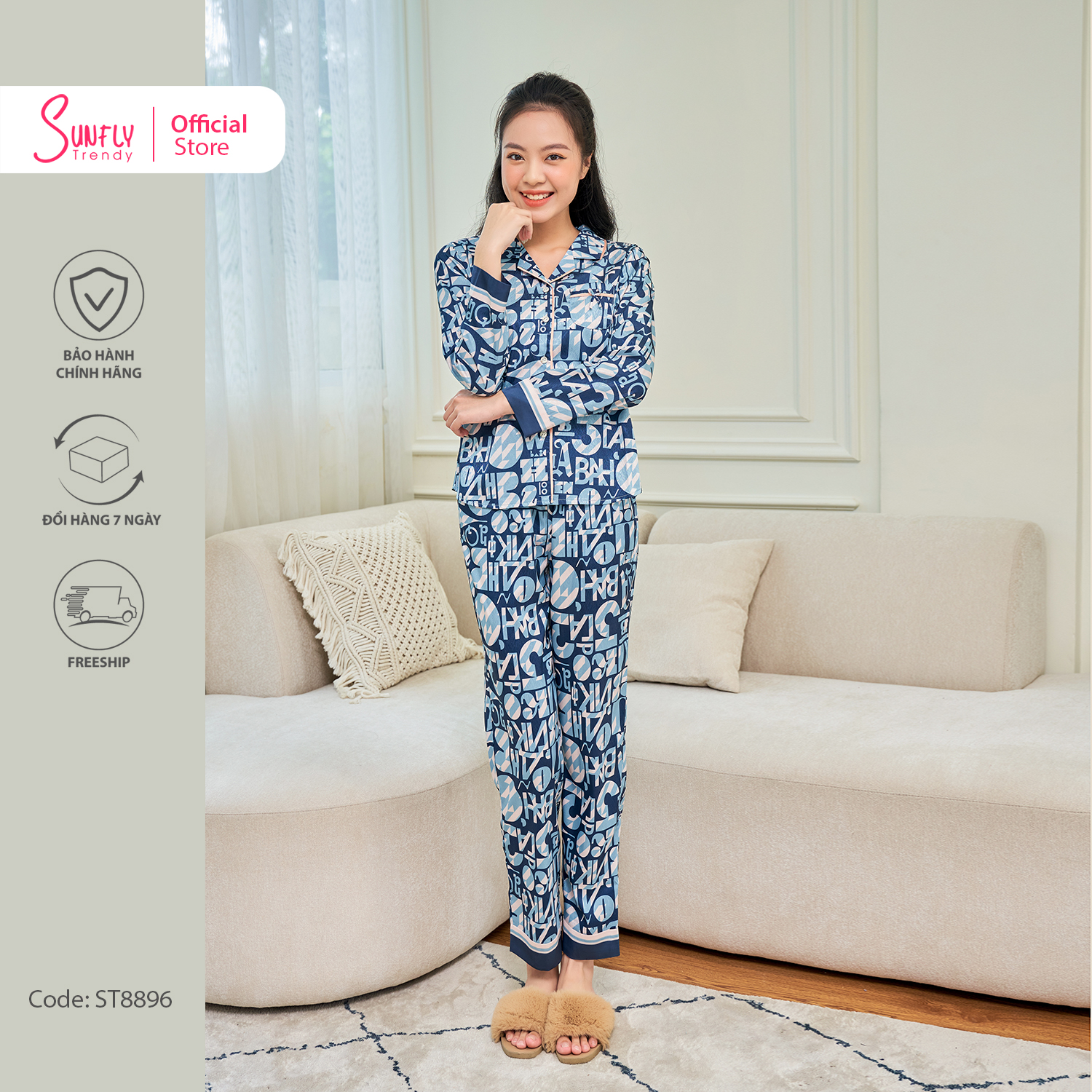 [VOUCHER ĐỘC QUYỀN 15.1 - GIẢM 15% TỐI ĐA 100K]Bộ Đồ Mặc Nhà Nữ Pyjamas Lụa Vân Gỗ SUNFLY Áo Tay Dài Quần Dài ST8896