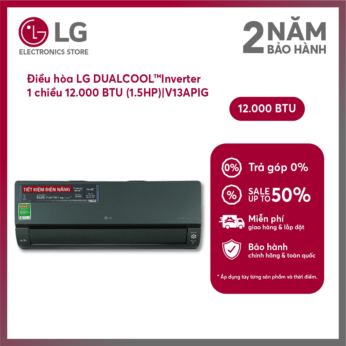 [FreeSHIP COD HN + công Lắp nội thành HN]Điều hòa LG DUALCOOL™Inverter 1 chiều 12.000 BTU (V13APIG)