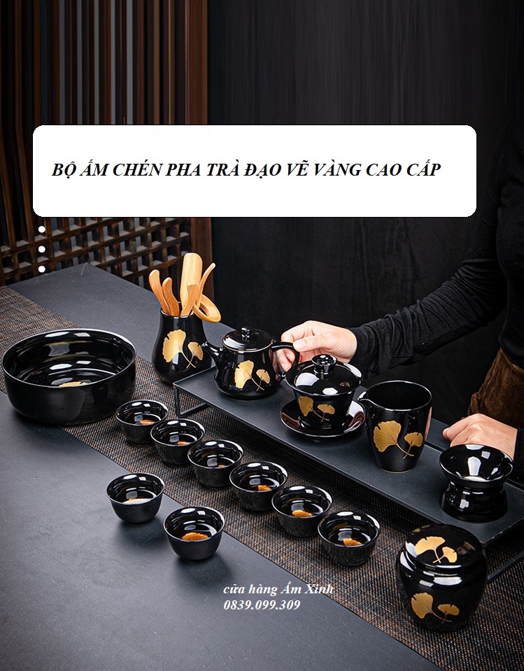 Bộ ấm chén sứ pha trà đạo vẽ vàng (đầy đủ như hình)
