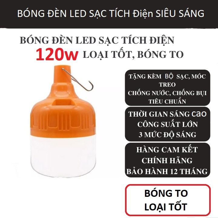 Bóng đèn led tích điện 6-8h - loại 120w sạc tích điện có móc treo hàng chính hãng
