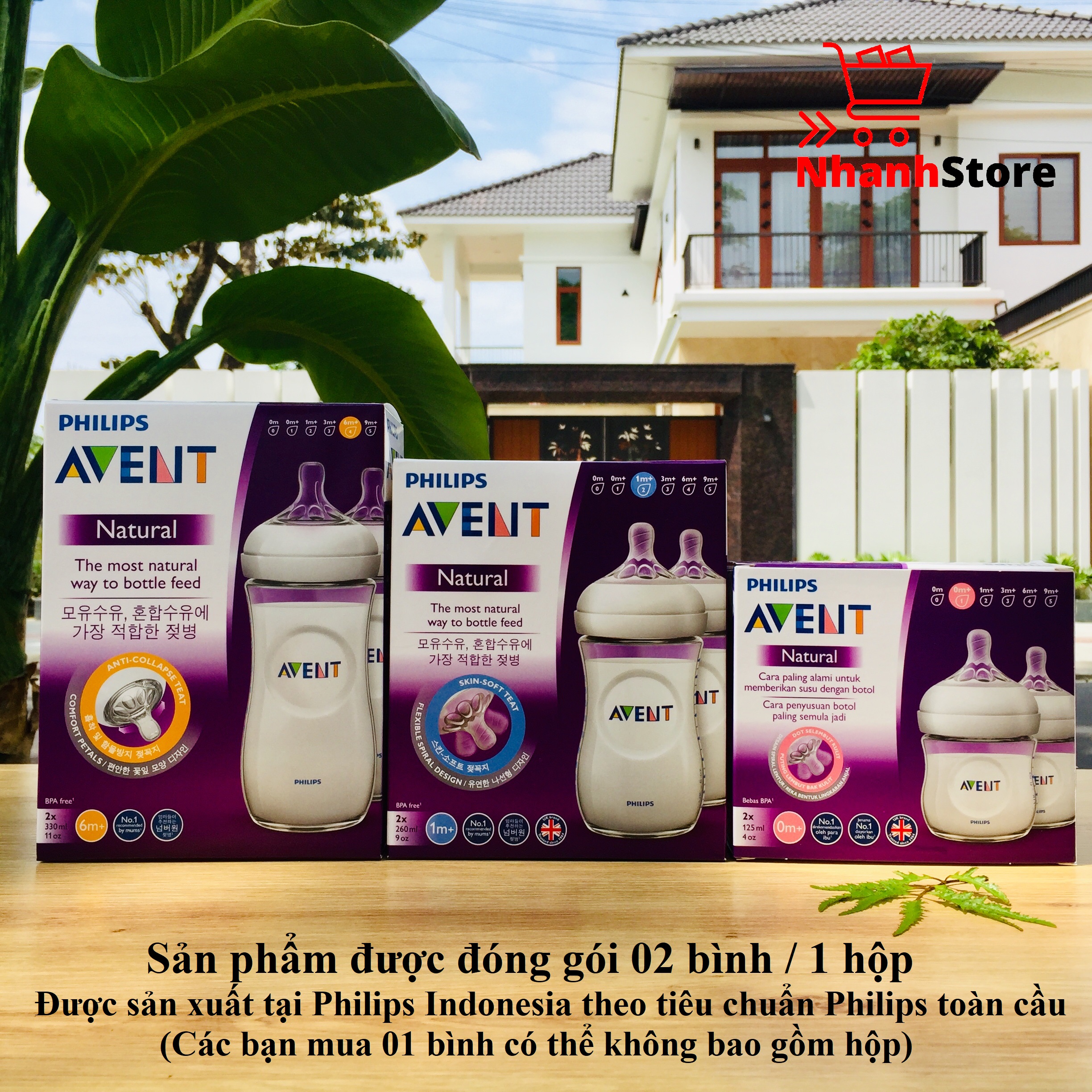 Bình sữa Avent Natural 330ml (Núm số 4, Cho trẻ từ 6 tháng+) (màu trắng trong)