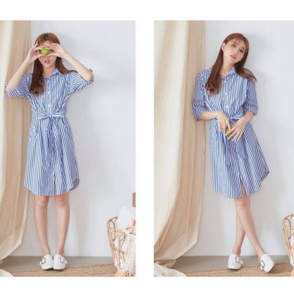 [HCM]Đầm sọc xanh chéo dây (Kèm hình thật nhà Bo)