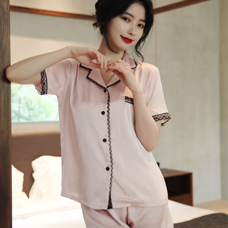 Đồ bộ nữ lụa - đồ mặc nhà áo ngắn quần ngắn cao cấp nhiều màu trơn viền ren cclp17