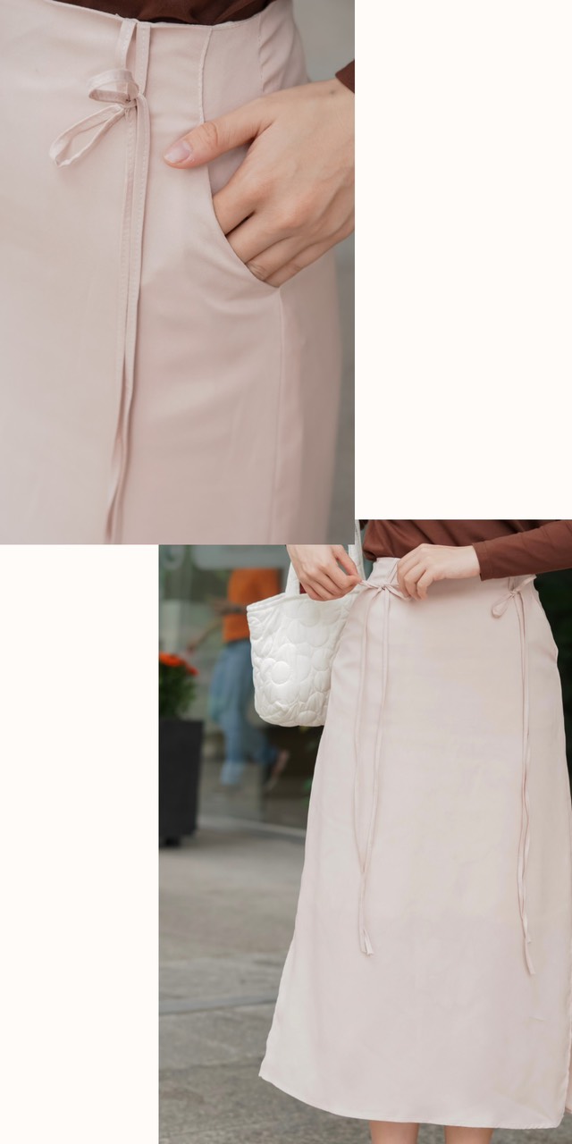 Chân váy lửng dây cột 2 bên | Chất lụa Mango | Màu Kem Hồng | Size S - XL