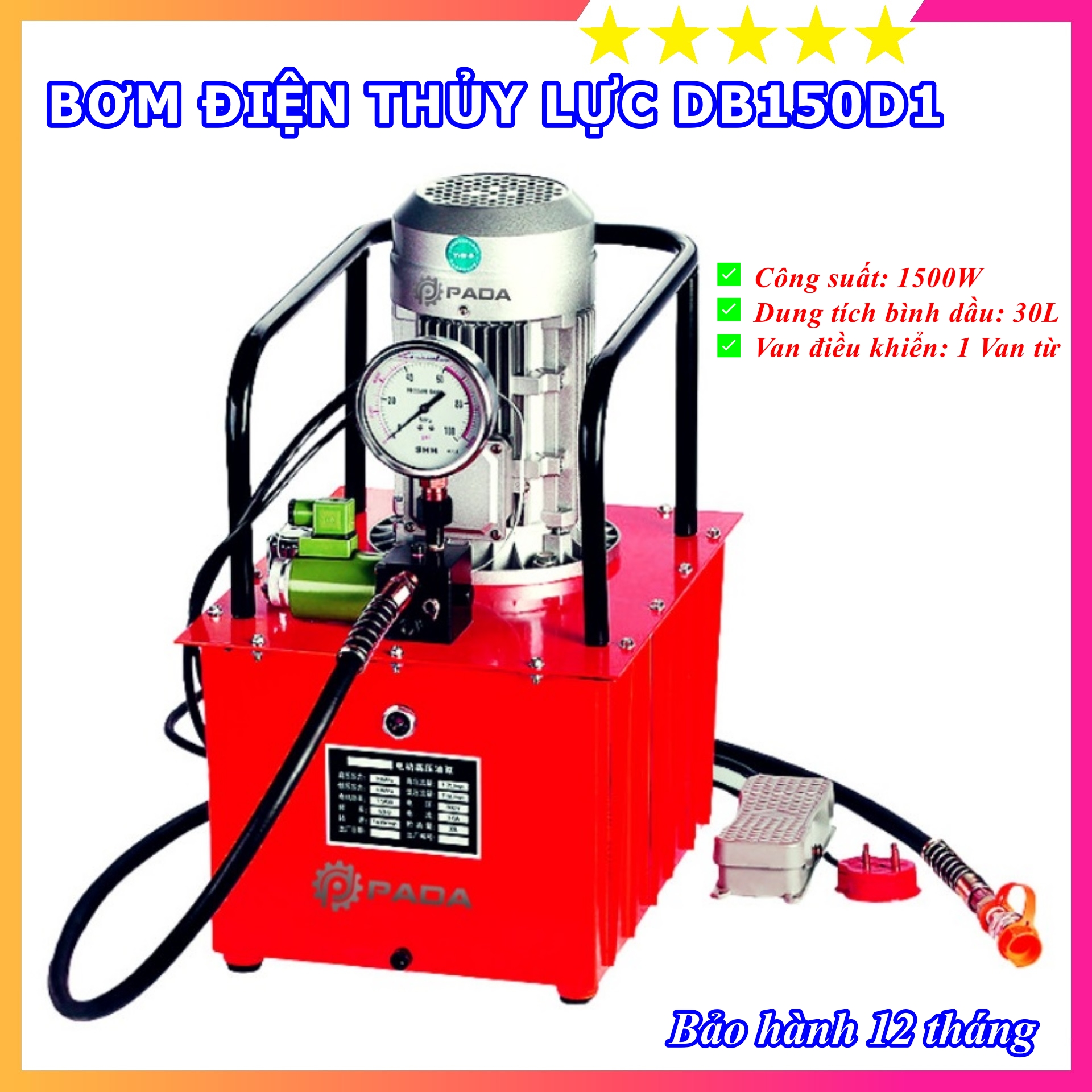 Bơm điện thủy lực db150d1 - công suất 1.5kw - 1 vòi van từ - bình dầu 30l - chuyên dụng cho tần suất công việc lớn