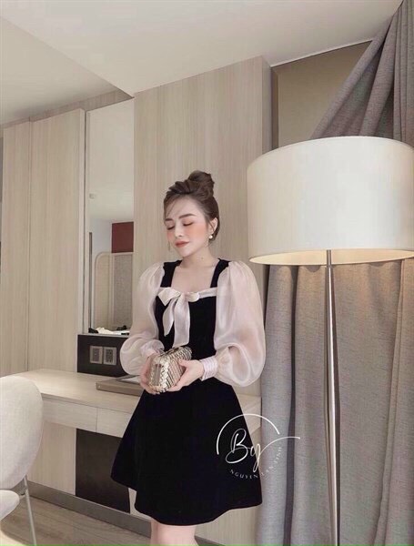 [HCM]Đầm tiểu thư phối tay lưới đính nơ xòe