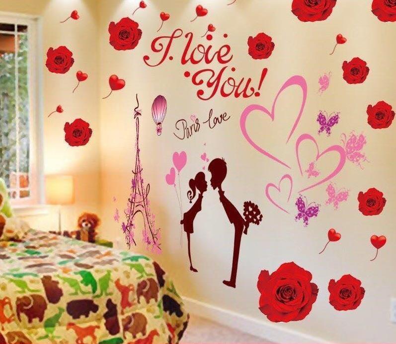Decal dán tường hoa hồng đỏ ilu và cặp đôi