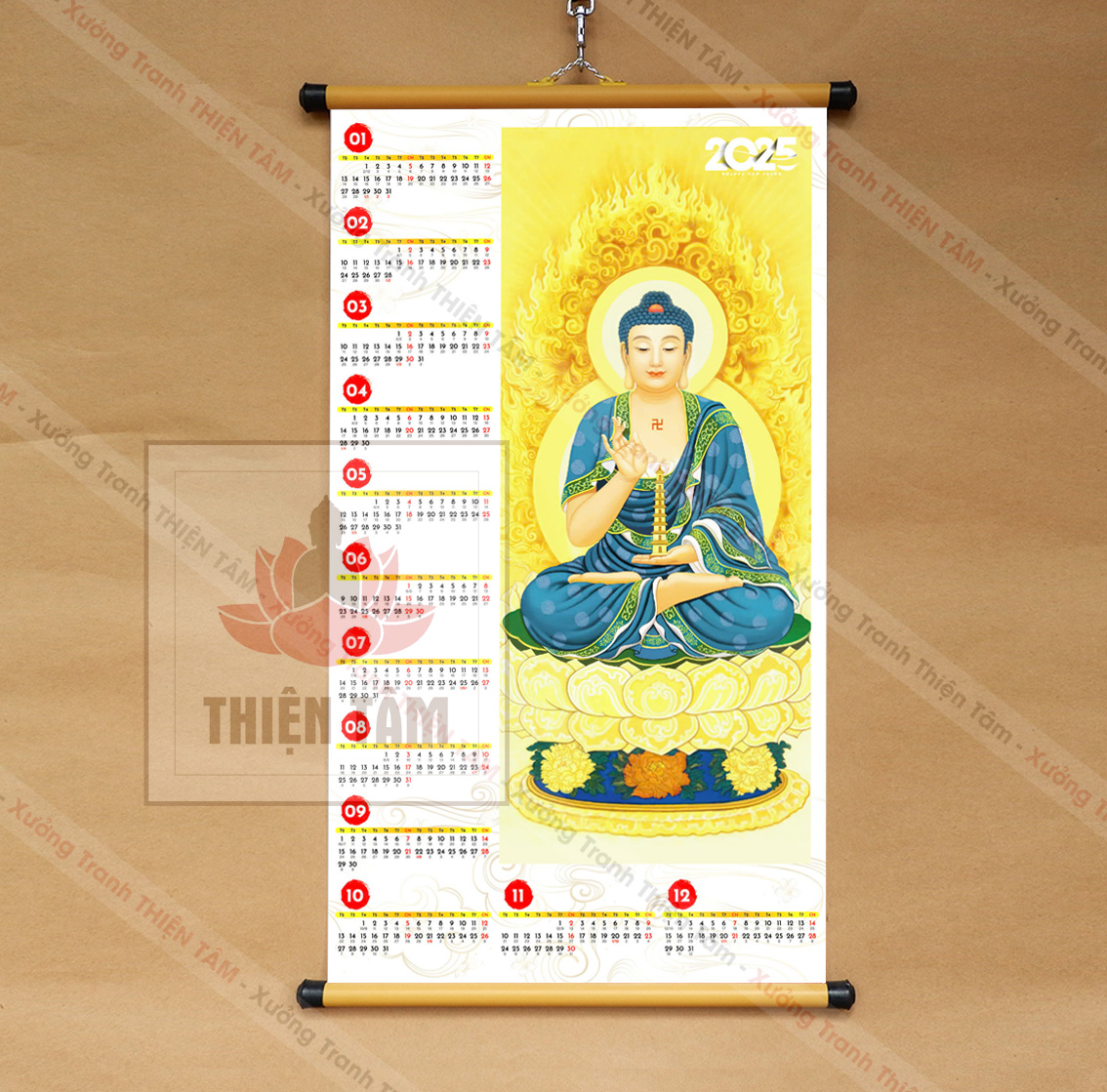 Lịch Phật Giáo 2025 kích thước 40x70cm bằng vải bóng cao cấp, dày dặn (có ngày âm lịch)