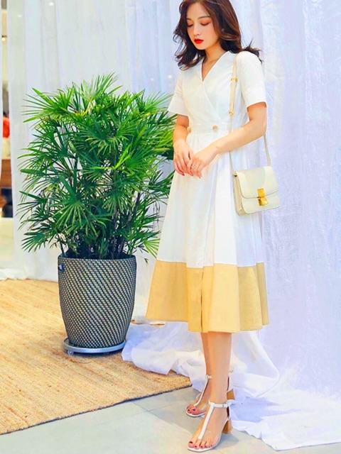 [HCM]Đầm trắng tùng phối vàng (kèm hình thật)