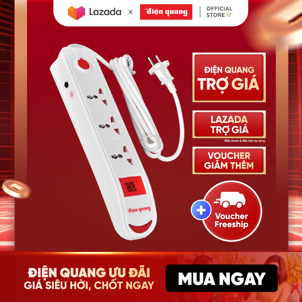 Ổ cắm điện đa năng Điện Quang ĐQ ESK 2W DBW103USB ( kiểu tàu siêu tốc ,3 lỗ 3 chấu, 2 USB, dây dài 2m) công suất 2500w, tự ngắt khi quá tải, BH 12 tháng