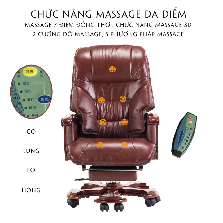 GHẾ GIÁM ĐỐC gỗ bọc da cao cấp - GHẾ CHỦ TỊCH GHẾ LÀM VIỆC VĂN PHÒNG kèm massage lưng