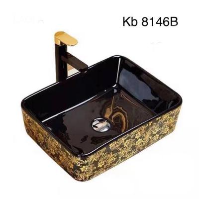 Chậu rửa mặt, lavabo đặt bàn đen hoa văn mạ vàng gc 8146b