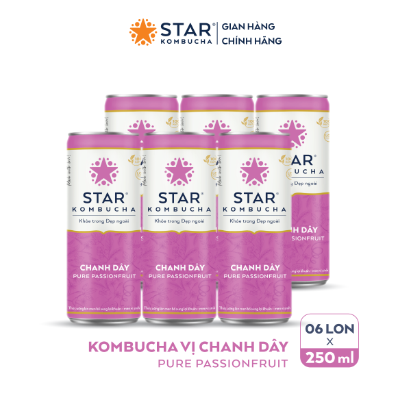 Lốc 6 lon trà STAR KOMBUCHA Chanh Dây / Pure Passionfruit (250ml/lon) - Trà lên men vi sinh chứa probiotics giúp bảo vệ sức khoẻ, thanh lọc toàn diện, tăng đề kháng dùng cho mọi lứa tuổi, Chứng Nhận FDA tiêu chuẩn Mỹ cao cấp