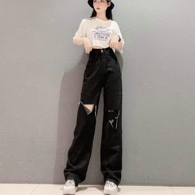 Quần ống rộng rách gối