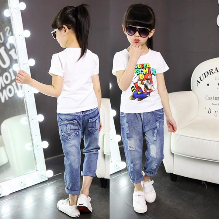 Quần jeans dài phối rách cho bé gái 4-8 tuổi cá tính năng động BBShine– Q013