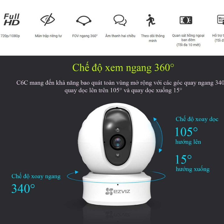 Camera Ezviz C6N-1080P camera wifi trong nhà đàm thoại 2 chiều quan sát ban đêm 10M bám theo chuyển động thông minh, Hàng chính hãng, Bảo hành 24 tháng