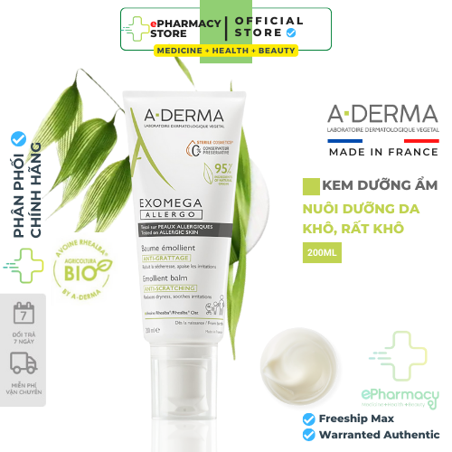 Aderma Kem dưỡng ẩm Exomega Allergo Emollient Balm giảm khô ngứa cho da rất khô, viêm da cơ địa 200ml