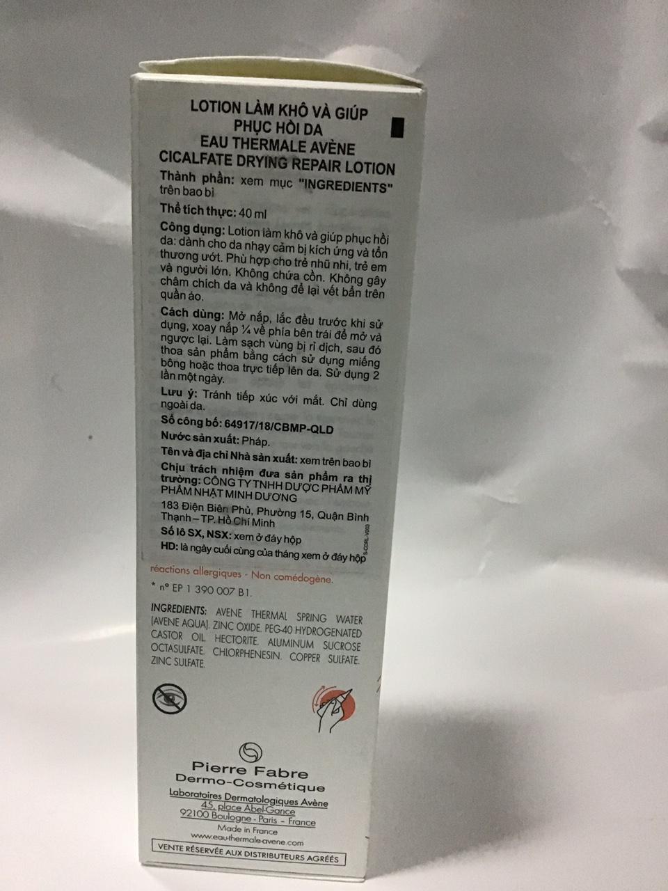 AVENE CICALFATE LOTION 40ML. LOTION LÀM KHÔ VÀ GIÚP PHỤC HỒI DA.