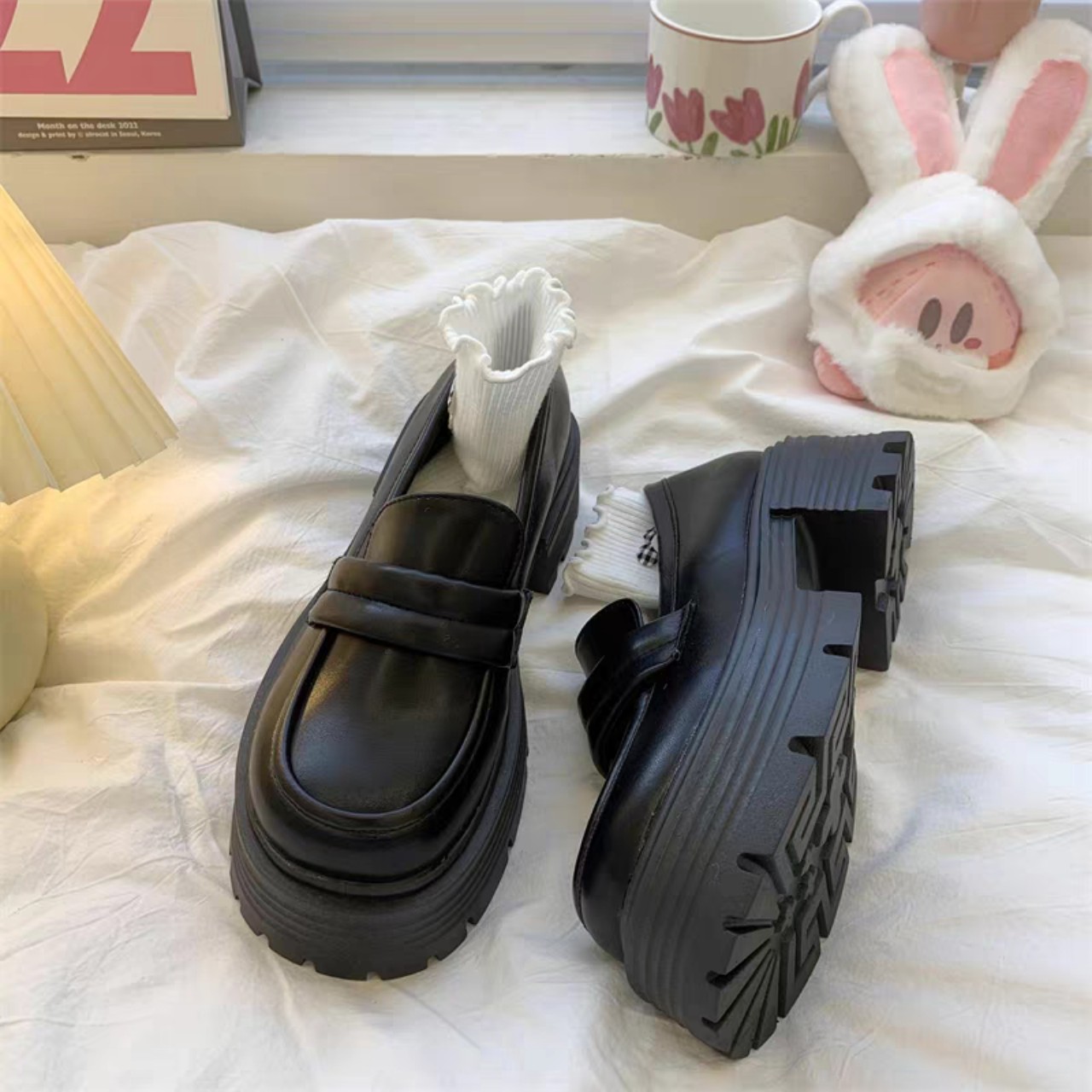 Form rộng giày lười oxford đô đốc phồng loafer ulzzang màu đen/kem đế cao 6cm dáng lolita mới đẹp hot thời trang