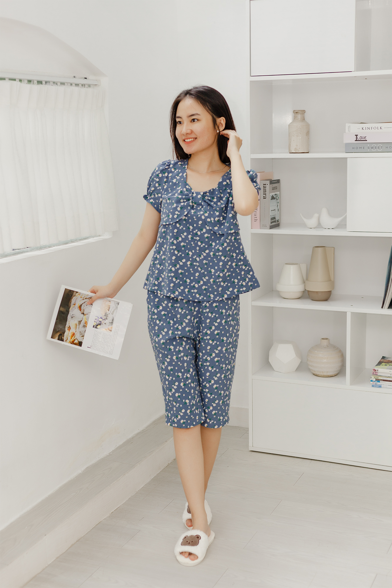 Đồ mặc nhà MÂY áo cổ nơ quần dài lụa Nhật