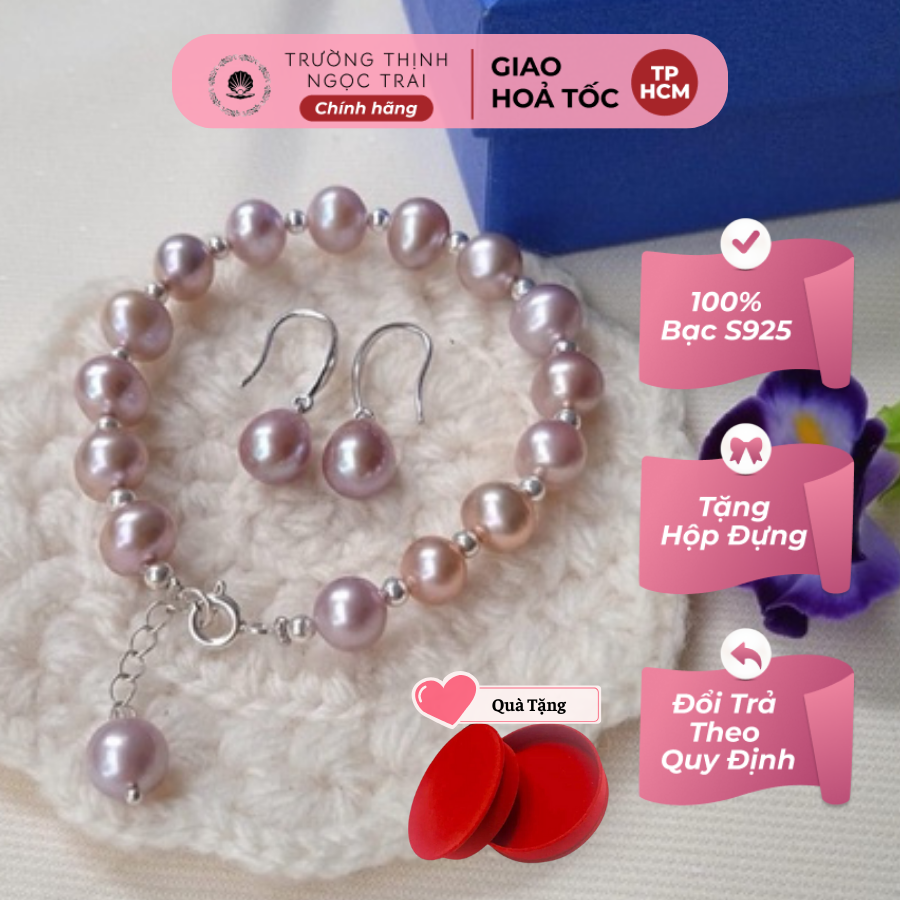 Bộ trang sức ngọc trai bạc 925 màu tím 8ly bộ ngọc trai nước ngọt - trường thịnh ngọc trai